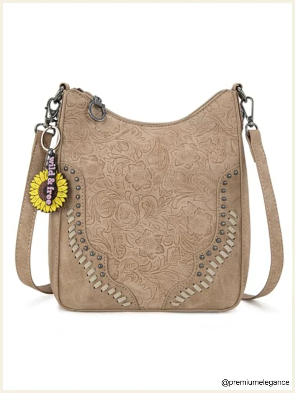 Leather Western Tooling Crossbody Hobo Bag with Whipstitch